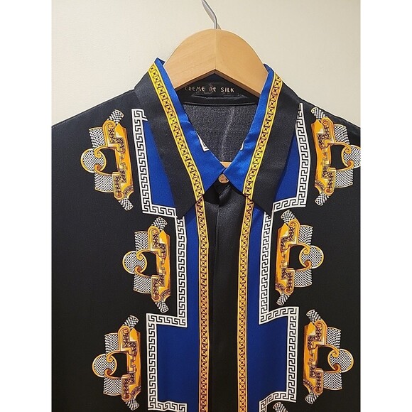 Vintage Creme De Silk Black/Gold Silk Button-Down Shirt Baroque Rotary Print L? - Picture 2 of 10